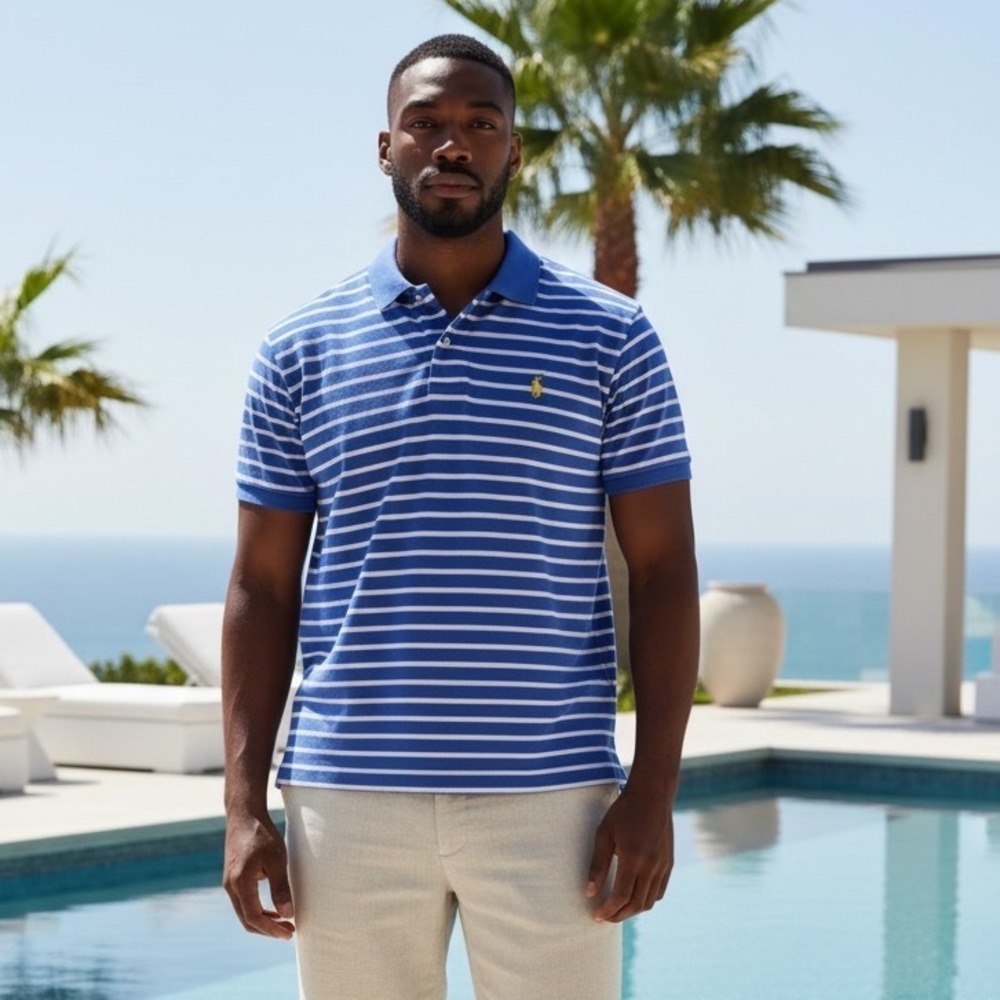 Polo Ralph Lauren Mens Blue White Striped Short Sleeve‎ Polo Shirt L Yellow Pony